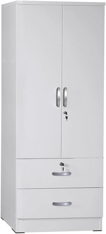 Pemberly Row Wood Wardrobe Armoire, 2-Doors with Lockable Rod, 2 Locking Drawers, Stain-Resistant White Finish, 30" W x 20" D x 72" H, Engineered Wood, Freestanding Bedroom Storage Furniture