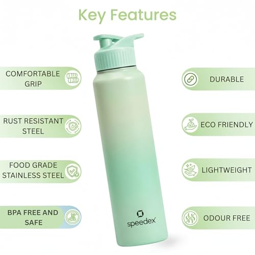 Image of Speedex Stainless Steel Metal Water Bottle 1 Ltr 1000 ml, BIS Approved, Leak Proof Sipper Cap Bottle for Office, School, Gym, Travel, Daily Use for Men, Women, Kids, Adults, Dual Green, Set of 2