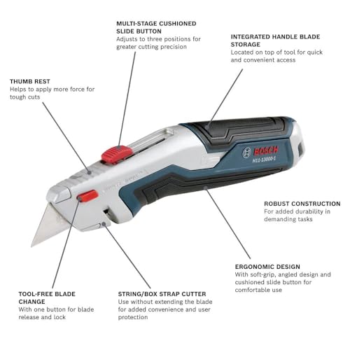 Image of BOSCH H11-13000-1 Retractable Utility Knife | Optimal Cutting Performance, Cushioned Slide Button, Integrated Blade Storage - Includes 3 Blades