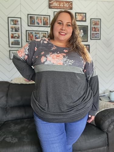 Image of TIYOMI Plus Size Tops for Women Raglan Long Sleeve V Neck T Shirts Casual Color Block Leopard /Floral Tops Winter Tee Shirt