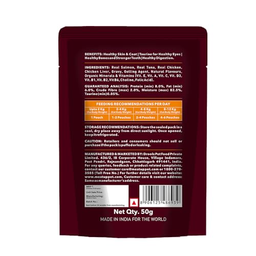 Image of Meat Up Adult Wet Cat Food 16 Pouches x 50g, Total 800g | Real Salmon Fish in Gravy | Supports Heart & Vision Health | Strong Bones & Teeth | Natural Flavours | Organic Minerals & Vitamins