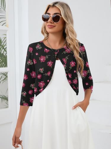 Image of Heymoments Women's 3 /4 Sleeve Casual Shrugs Lightweight Open Front Cropped Cardigan for Dresses