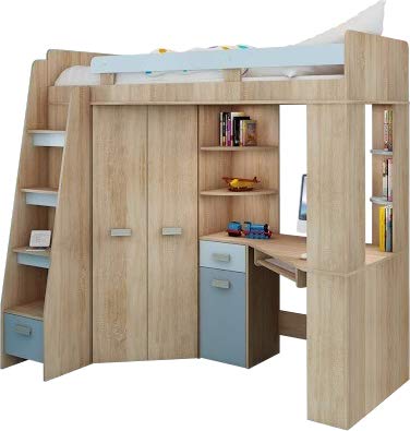 Hochbett/Etagenbett/Entresole - alle in einer links Ablesen Treppen - Kinder Möbel Set. Bett, Kleiderschrank, Regal, Schreibtisch Sonoma Oak - Sky Blue Cover