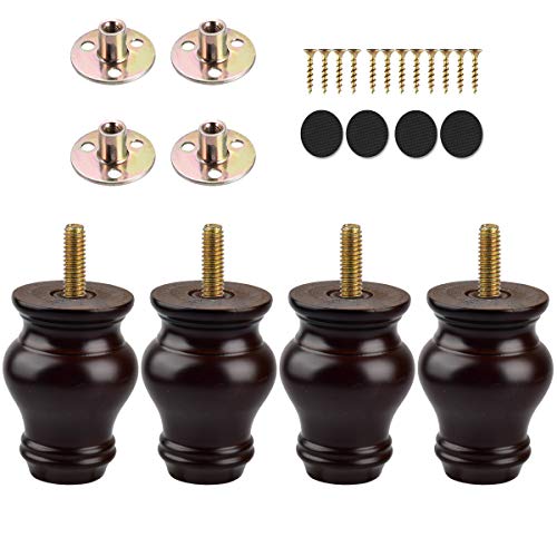 Piernas de madera para muebles de 10 cm, 4 piezas de madera de nogal oscuro Soild M8 de repuesto con perno pretaladrado de 5/16 pulgadas y placa de montaje y tornillos para sofá y silla otomana