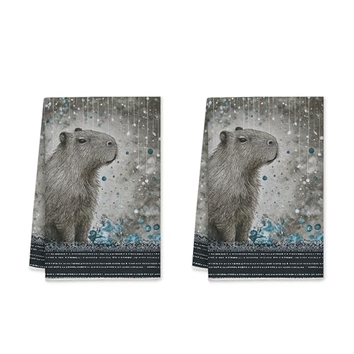 Capybara - Juego de 2 toallas de cocina inspiradas en la naturaleza, gotas de agua, hierba, no gris, reutilizables, para uso diario, 16 x 24 pulgadas