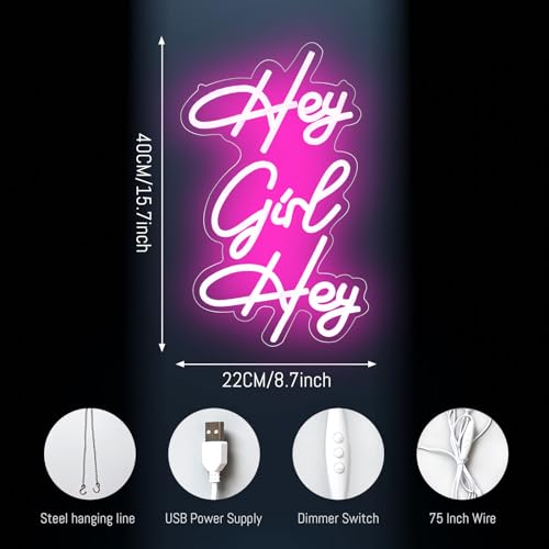 Image of Neon Signs Girls Beer Bar Art Neon Light Girly Led Neon Sign Pink Hey Girl Hey Neon Lights with Dimmer for Bedroom Office Pub Cafe Recreation Room Wall Sign Decor