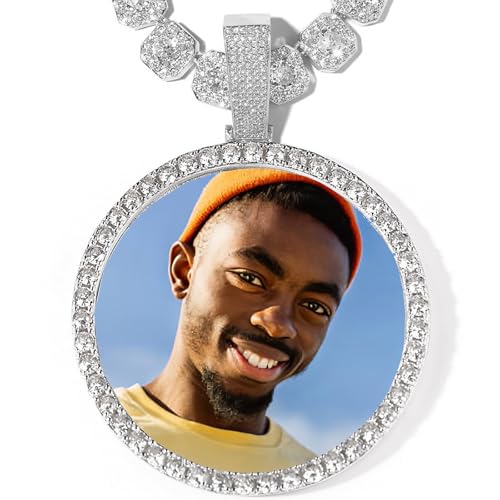 Personalized Large Oversize Photo Necklace Pendant Custom Big Circle Chain with Picture Necklace for Men Women Iced Out Chain Customized Memorial Necklace with Picture Hip Hop Jewelry Gift