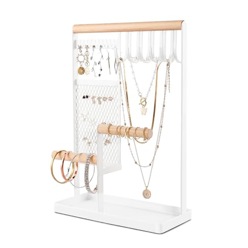 Weculop Jewelry Organizer Stand, Jewelry holder, Jewelry Tree with Tray, 10 Hooks Necklace Holder, 12 Holes Earring Holder, A Net for Earring storage, Wooden Bracelet Holder, White