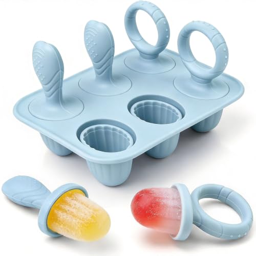 Aonveki Eisformen Silikon für Kinder 6 Mulden Mini Baby Eisformen Eis am Stiel mit Beißring Stiel für Kleine Hände BPA-Frei Eisförmchen Selber Machen Dessertform