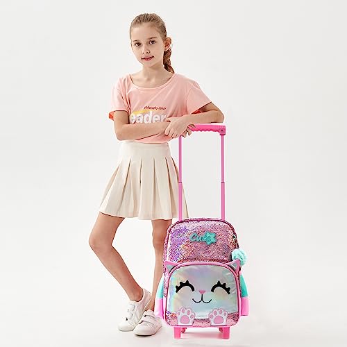 Meetbelify Girls Sequin Rolling Backpack with Wheels for Elementary School