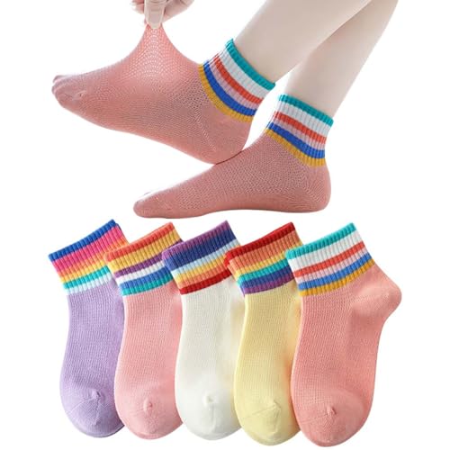 [ANNGEBALY] キッズ靴下 女の子 レインボー メッシュ ソックス 5足セット ガールズ 夏用 虹 ソックス 可愛い ボーダー 通気 子供用靴下 フォーマル服用 カラフル 通園 通学 綿 (JP, アルファベット, L, 虹柄)