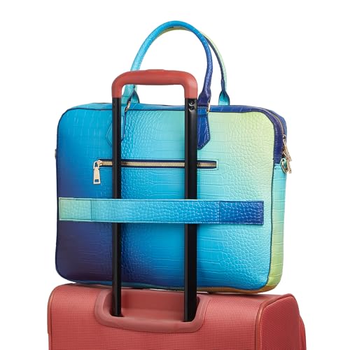 Image of Caprese Marilyn Large 15 Inch Laptop Bag for Women | Croc Pattern Business Handbag with Flower Charm | Adjustable & Detachable Strap for Office Use (Blue-Green Ombre)