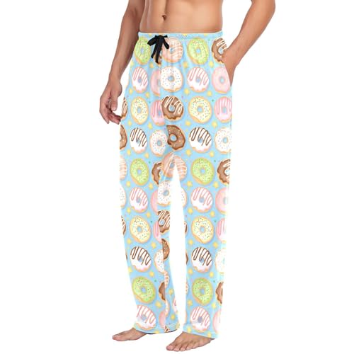 Men's Colorful Donuts Pajama Pants with Pockets - Straight Fit Cotton Sleep Bottoms for Lounge & Nightwear#7154