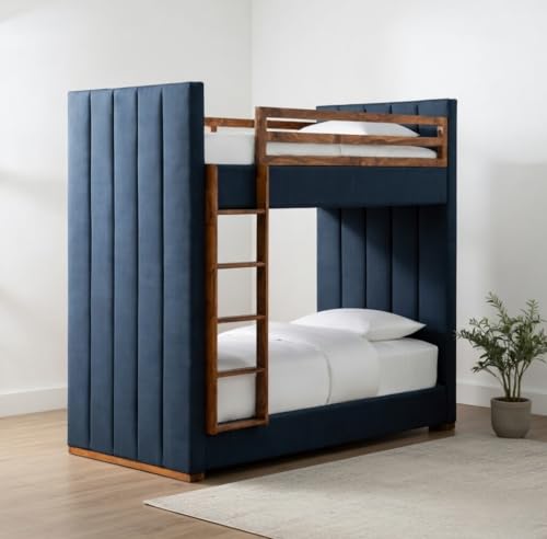 Image of STRATA FURNITURE Solid Wood Velvet Upholstered Bunk Bed with Ladder | Wooden Twin Over Double Bed for Bedroom Living Room and Home (Blue)