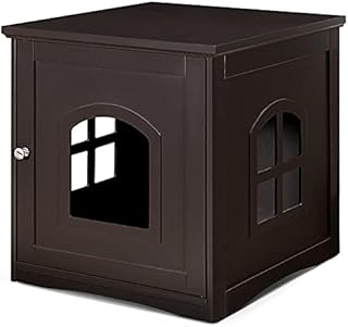 GYMAX Cat Litter Box Enclosure, Wooden Kitty House Toilet Tray with 2 Windows, Indoor End Table Cabinet for Bedroom, Bathroom, Living Room and Study (Brown, 49 x 53 x 53cm)