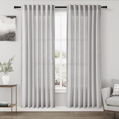 Image of Nanspring Light Grey Curtains 80 Inches Length for Living Room Back Tab Rod Pocket Semi Sheer Linen Drapes Muted Neutral Boho Grey Linen Textured Window Curtain for Dining Room Bedroom 52X80 Inch