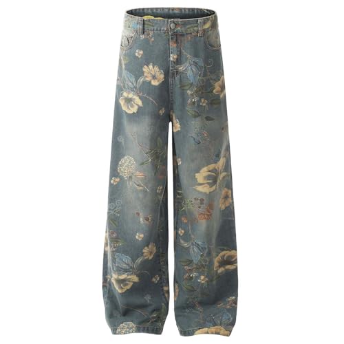 American Retro hot Girl Washed and Distressed Floral Denim Pants, Y2K Wide Leg Loose Jeans