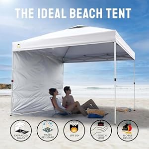 Crown shades 10×10 pop up canopy with 1 side wall beach tent with one push setup outdoor sun shade for events parties camping gazebo with sto n go cover bag white  urban country home decor