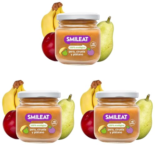 Smileat - Tarrito de Frutas Ecológicas con Pera, Ciruela y Plátano para peques +6 Meses - Sin Azúcar Añadido, Sin Sal, Sin Leche, Sin Huevos - 130g (Paquete de 3)