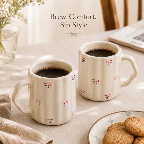 Image of The Earth Store Cream Bow Coffee Mug - 300ML Ceramic Coffee Mugs Set of 4 | Microwave & Dishwasher Safe Mugs for Gift | Home | Office | Restaurant | Daily Use
