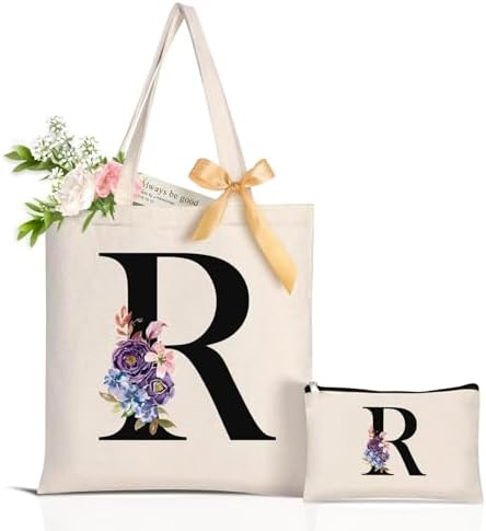 Canvas Tote Bag for Women Initial Makeup Bag, Monogrammed Gifts for Mom Wife, Personalized Gifts for Mother’S Day Birthday Wedding Graduation Thanksgiving Letter R