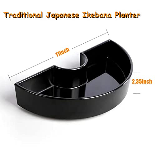 Japanese Ikebana Flower Frog Kit Semicircle Japanese Flower Arrangement Plastic Container With Round Metal Floral Frog & Plastic Kenzan & Needle Straightening Tool (Black) #TOP2