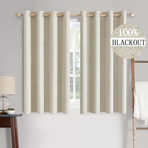 Image of MIULEE 100% Blackout Linen Textured Curtains for Bedroom Solid Thermal Insulated Cream Grommet Room Darkening Curtains & Drapes Luxury Decor for Living Room 52 x 63 Inch (2 Panels)