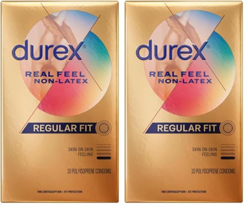 Durex Non Latex Condoms for Sex, Non Latex Durex Avanti Bare Real Feel Lubricated Condoms for Men with Natural Skin on Skin Feeling, 10 Count (Pack of 2)