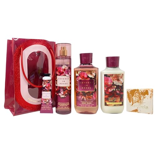 Bath & Body Works Covered In Roses Gift Bag Set - Fine Fragrance Mist Body Wash Daily Nourishing Body Lotion and Hand Cream with a Peach Gardenia Sample Soap