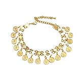 Boho Princess Head Coin Sandals Anklet Bracelet for Women Bride Dainty Wedding Tribal Ethnic Tassel 18k Gold-Tone Plated Barefoot Dangle Chain Bohemian Gypsy Style Summer Beach Belly Dance Charm Jewelry