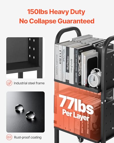 VEVOR Bücherwagen, 70 kg Tragkraft, Bibliothekswagen, 45 x 33 x 88 cm, Doppelseitiges L-förmiges Bücherregal mit Doppelbremsrollen, Bücherregalwagen für Wohnzimmer, Büro, Schule, Schwarz