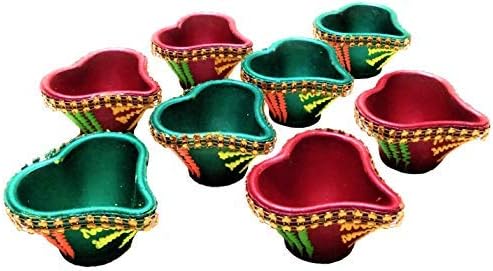 phareLamp Presents Large Earthen Clay Diya Sets/Oil Lamps for Diwali Puja & Home Decoration, Multi Colour (8 Pcs) #A267