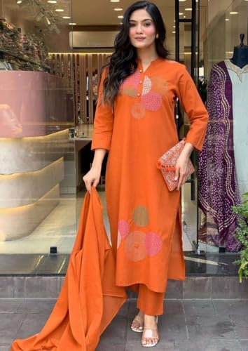 Image of Mehraj Online Store Women's Cotton Embroidery Straight Kurti Pant With Dupatta Set