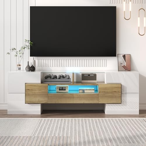 LAKFEW Mueble TV Salon de hasta 60 Pulgadas, Muebles TV con Iluminación LED y 6 Puertas, Muebles de Salon Mueble Television con Estante y 2 Cajones, 145x30x51 cm, Blanco + Dorado