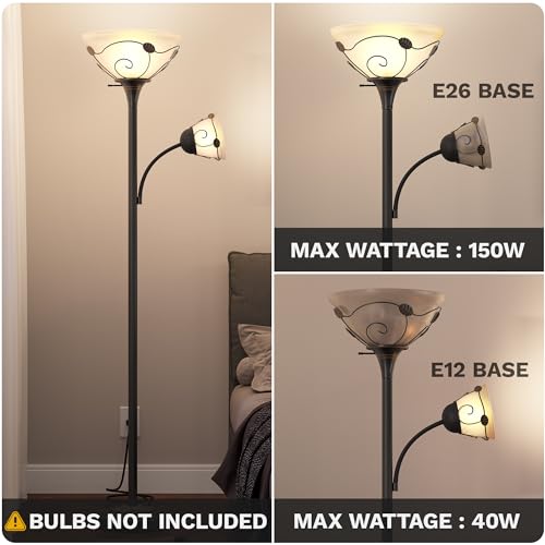 DWVO Torchiere Floor Lamp with Sidelight for Reading Home Decor, 71" Floor Lamp with Glass Shade for Bedroom, Living Room Office (Bulbs not Included)