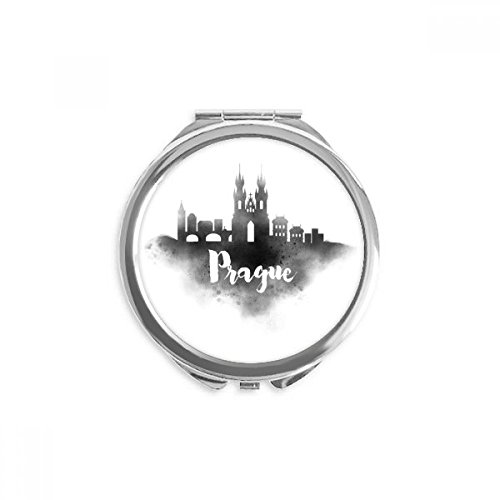 Miroir rond maquillage de poche Prague design encre noir et blanc pliable de voyage