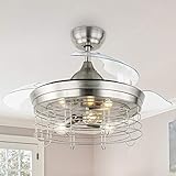 36-Inch Iron Cage Ceiling Fan with Remote Control, 3-Light Industrial Retractable Ceiling Fans Lamp,...