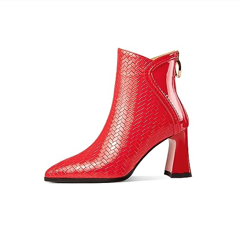 TinaCus Embossed Patent Leather Women's Pointed Toe Handmade Back Zipper High Block Heels Ankle Boots2
