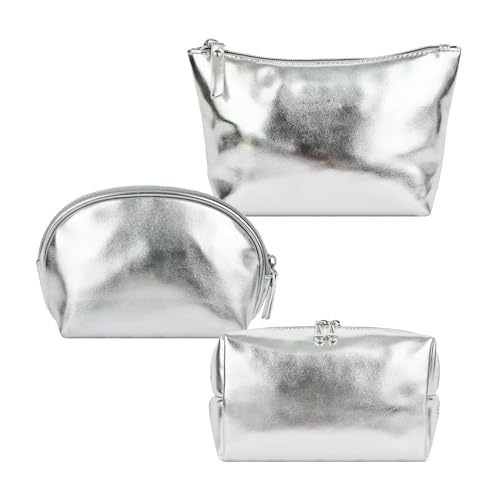 3pcs Make up Bag Set Travel Makeup Bags for Women Leather Cosmetic Bag Toiletry Organizer Bag Personalized Makeup Pouch Skincare Bag Silver