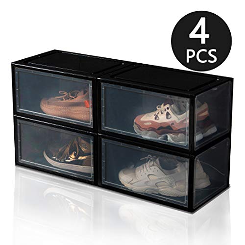 Oncci - Caja de plástico con puerta transparente para zapatos (37,5 x 25,5 x 20 cm, para zapatos hasta la talla 46), color negro