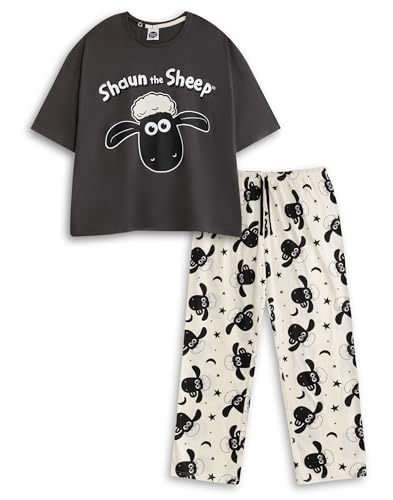 Vanilla Underground Shaun The Sheep Womens Black and Cream Short Sleeve Long Leg Pyjama Set | Cartoon Print Nightwear for Sleep & Relaxation | Retro PJs featuring Shaun