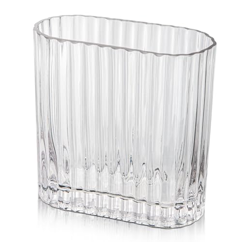 Oairse Clear Glass Vase for Flowers 17CM Ribbed Oblong Vases Decorative Flower Vase for Modern Living Room Dining Table Wedding Home Wedding Party Table Centerpiece