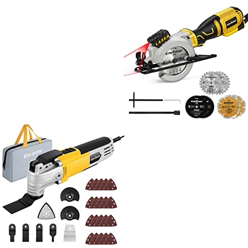 Mini Circular Saw And Oscillating Tool, Enventor 5.8 Amp 3500Rpm Compact Circular Saw With Laser Guide, 2.5-Amp Oscillating Saw With 6 Variable Speeds & 3° Oscillating Angle, 28Pcs Accessories #TOP17
