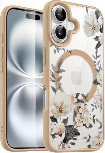 Image of VONZEE Compatible with iPhone 16 Case Luxury Retro Flowers Floral Clear for Magnetic Wireless Charging Case Shockproof Case PC+TPU Cute Glossy Shiny Cover for Girls Women, 6.1'' Desert Titanium
