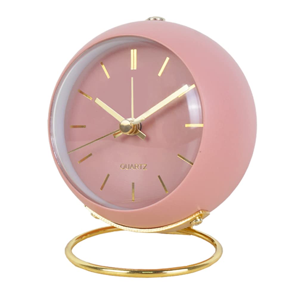Desk Clocks, Small Table Alarm Clocks for Shelf Bedroom Office,Vintage Metal Aesthetic Living Room Decor Clock with Night Light, Non Ticking Silent Battery Operated Mini Cute Clocks (Pink)