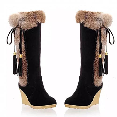 Hbeylia High Heels Fuzzy Winter Snow Boots For Women Fashion Casual Boho Suede Tassels Pluffy Fur Thermal Wide Calf Boots Bohemian Furry Fringe Lace Up Warm Dress Tall Boots For Ladies Girls Christmas