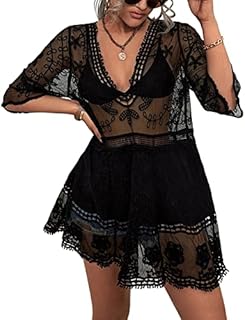 Vancavoo Beach Cover Up for Women Crochet Beach Dress Swimwear Lace Cover Ups Women's Beachwear Summer V Neck Floral Bikini Swimsuit Beach Sarongs See Through Hollow Out Dress
