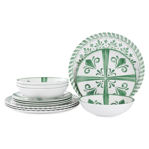 Image of Melamine Dinnerware Sets, Dinnerware Sets for 4, 12Pcs Plates and Bowls Sets, Green Floral Embossed Design Dish Set for Indoor and Outdoor Use.