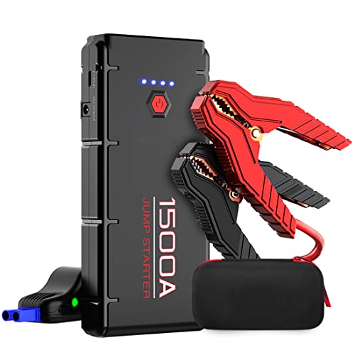 DUNWRO Car Jump Starter, 1500A Peak Battery Jumper for 12V Auto Up to 8.0L Gas or 6.5L Diesel Engine, Portable 12000mAh Booster with Smart Clamps, Type C & DC Output, LED Light, Black, (G22)