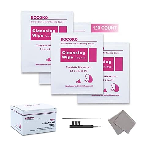 BOCOKO 120 Count Hearing Aid Wipes Individually Packaged Cleaning Towelette with Cleaning Tools for Hearing Amplifier Cover